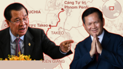 Hình ông Hun Sen và ông Hun Manet cùng bản đồ phác họa dự án kênh đào Phù Nam Techo