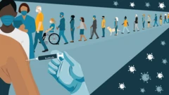 رسم توضيحي يظهر طابوراً ينتظر الحصول على اللقاح