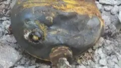 Remnant of yellow gas cylinder that struck a make-shift hospital in al-Latamina on 25 March 2017, according to a Syria Civil Defence member