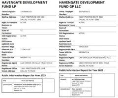 Os registros do fundo Havengate Development Fund LP e da empresa Havengate Development Fund GP LLC no site do Controlador de Contas Públicas do Texas