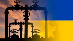 коллаж із газових труб і прапора України