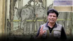 ලී කොටන් යොදා සකස් කළ මඩුවක් තුළ අලි අල්ලා ගැටගසා ඇති අයුරු චිත්රයේ දැක්වෙන අතර කළු පති ටී ෂර්ට් එකක් ඇඳ සිටින අයෙකු පෙනේ.