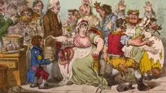 Newspaper cartoon depicting people receiving a vaccine and getting cow parts growing out of their faces