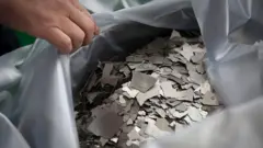 Pessoas abrindo saca com material prateado em lascas