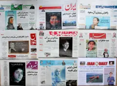 Primeiras páginas de vários jornais em farsi e inglês, com fotos e ilustrações de Maryam Mirzakhani