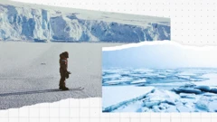 Scientist on the Antarctic ice and a picture of sea ice