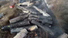 Aerial of the train cars piled up