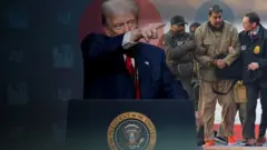 Imagem de Trump apontando o dedo e ao lado uma foto de Maduro sendo escoltado pela polícia