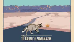 Cartaz de propaganda da República de Slowjamastan, mostrando um quati, o deserto e as montanhas