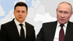 Ukrainian president Volodymyr Zelensky and Russian president Vladimir Putin over a map of Eastern Europe