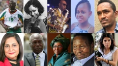 Kutoka kushoto juu hadi kulia: Papa Bouba Diop, Zindzi Mandela, Manu Dibango, Nikita Pearl Waligwa. Chini kutoka kulia: Gita Ramjee, Daniel arap Moi, Hawa Abdi, Richard Maponya, Lina Ben Mhenni,