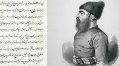 راست: تک چهره‌ی چاپ سنگی میرزا صالح شیرازی توسط کارل فون همپلن. منبع: موزه‌ی ارمیتاژ چپ: صفحه‌ای از نسخه‌ی خطی سفرنامه‌ی میرزا صالح شیرازی که در آن به کاغذ اخبار اشاره شده. منبع: کتابخانه‌ی بریتانیا