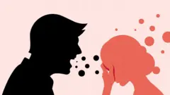 A photo of a man screaming on a woman