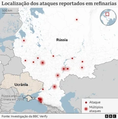 Gráfico da BBC mostra as localizações dos ataques às refinarias, marcadas em um mapa da Rússia