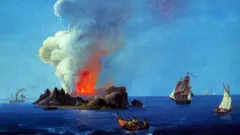 Une peinture de l'époque représente la formation de l'île connue sous les noms de Ferdinandea, Graham Island ou Julia au large de la Sicile
