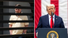 Montagem de fotos mostra à esquerda Jair Bolsonaro atrás das grades do portão de sua casa em Brasília, e, à direita, Donald Trump falando num palanque