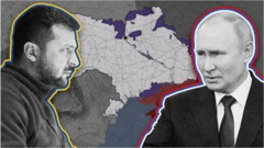 กราฟิกภาพเซเลนสกีกับปูตินบนแผนที่ยูเครน