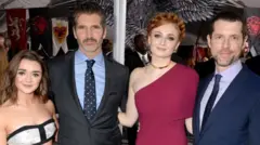 Benioff (second left) and Weiss pose for foto wit Maisie Williams and Sophie Turner