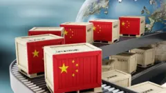 Transport crates with Chinese flag on the conveyor belt. Global exportation concept. Keywords: China - East Asia, Freight Transportation, Chinese Trading, China Expansion, Export and Manufacturing, Cargo Container