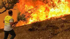 Men attempt to put out a fire in Iboudraren village, in the mountainous Kabylie region of Tizi Ouzou, east of Algiers, Algeria August 12, 2021.