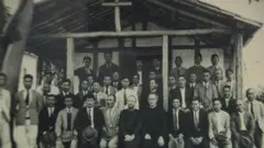 Imigrantes católicos japoneses e missionários se preparam para o início das obras da Igreja Cristo Rei dos 26 Mártires do Japão em Promissão, interior de SP