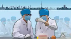 Artwork - scientists at work with Wuhan cityscape behind