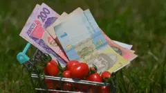 Гривны, несколько купюр, лежат в игрушечной продуктовой тележке поверх черри-томатов