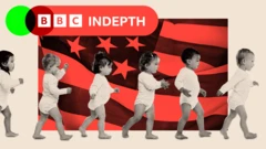 A treated image showing toddlers walking in a line in front of the flag