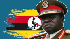 Image of Idi Amin over a treated flag of Uganda
