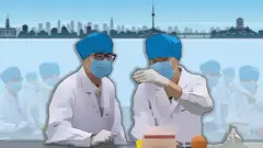 Ilustración de científicos trabajando con la ciudad de Wuhan en el fondo