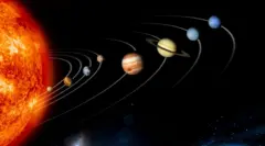 Uma ilustração do Sistema Solar mostra o grande disco do Sol, seguido pelos oito planetas em suas órbitas, contra um fundo escuro pontilhado por estrelas distantes