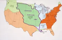 Mapa dos Estados Unidos que mostra a extensão da Louisiana, território que os Estados Unidos compraram da França em 1803