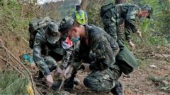 Soldiers in camouflage fatigues searching the forested hillside of the crash site