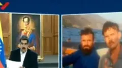 President Nicolás Maduro (left) held a briefing, after Venezuela showed what it said were detained US citizens Luke Denman and Airan Berry (right)