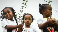 Young ethiopian girls wearing a tee-shirt depicting Ethiopia's Prime Minister Abiy Ahmed take part in a national tree-planting drive in the capital Addis Ababa, on July 28, 2019. - Ethiopia plans to plant a mind-boggling four billion trees by October 2019, as part of a global movement to restore forests to help fight climate change and protect resources. The country says it has planted nearly three billion trees already since May. (Photo by MICHAEL TEWELDE / AFP) (Photo credit should read MICHAEL TEWELDE/AFP/Getty Images)