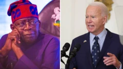 Tinubu wit im cap placing hand for jaw and Joe Biden speaking to di microphone