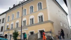 A memorial stone outside the house where Adolf Hitler was born in Braunau Am Inn