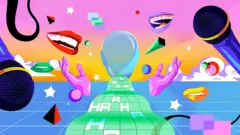 An illustration of a stand-up comedian, microphones and laughing mouths