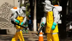 Des nettoyeurs désinfectent les rues en raison de la pandémie de coronavirus (COVID -19)