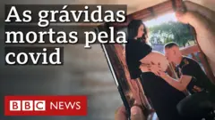 Larissa com o marido, que beija sua barriga, e o texto: "As grávidas mortas pela covid"