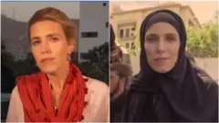 Jornalista da CNN, Clarissa Ward, dando notícias do Afeganistão; do lado esquerdo, com cabelo e rosto descobertos; do lado direito, de véu