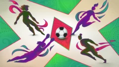 Four stylised illustrations of a female figure, surrounding a football