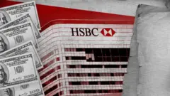 FinCEN Files graphic showing dollar bills, HSBC bank and files