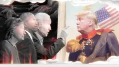 illustration showing Hillary Clinton, Barack Obama and Joe Biden, with Donald Trump