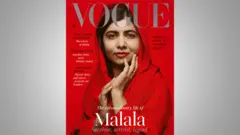 Malala aparece de véu e batom vermelho, em frente a fundo da mesma cor, com sorriso contido na capa da revista