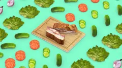 Imagem com tábua com carne ao centro, e ilustrações de tomates, pepinos e alfaces em volta