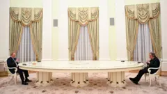 Vladimir Putin and Antonio Guterres sit several metres apart at opposite ends of a very large ornate table
