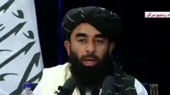 Zabihullah Mujahid giving press conference in Kabul