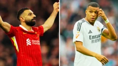 Salah on Liverpool jersey and Mbappe on Real Madrid shirt