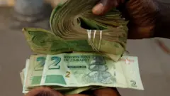 Un vendeur à Harare avec d'anciens billets de 2 dollars et de nouveaux billets de 2 dollars zimbabwéens en novembre - - Zimbabwe